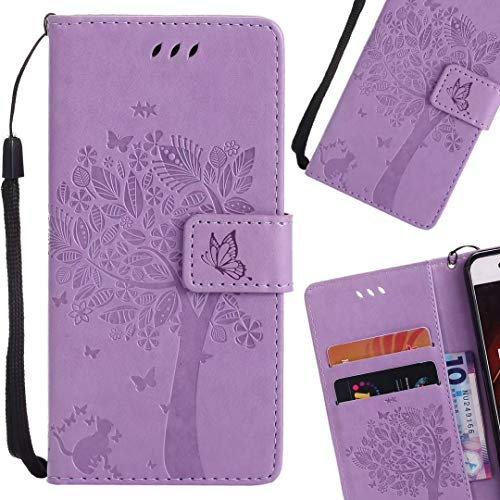 LEMORRY Handyhülle für Huawei Mate 10 Pro Hülle Tasche Ledertasche Flip Beutel Slim Schutz Magnetisch SchutzHülle Weich Silikon Cover Schale für Huawei Mate 10 Pro, Glücklicher Baum (Helles Lila)