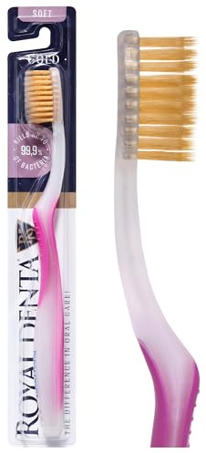 Royal Denta Zahnbürste Weich, weiche Zahnbürste für empfindliche Zähne und Zahnfleisch, Handzahnbürste mit antibakteriellen Goldpartikeln und Doppelborsten, ergonomisch & langlebig, Rosa