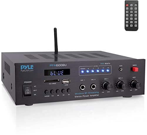 Pyle 300W Bluetooth Karaoke Amplifier - 2-Channel PA System with FM Radio - USB/SD - AUX - 2 Mic Inputs - Siren Alarm - 12V Power Option - Remote Control for Home, Car, and Bus Tours - PFA600BU