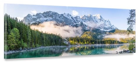BilderKing Bergpanorama Leinwand - Eibsee, Zugspitze - als 150x50cm großes XXL Leinwandbild. Wandbild als Hintergrund und Deko für Wohnzimmer & Schlafzimmer. Aufgespannt auf Holzrahmen