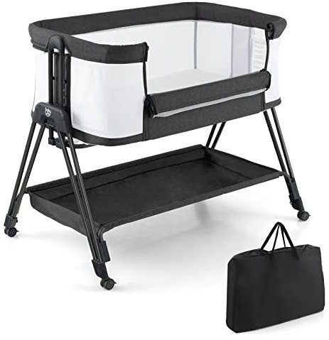 Maxmass Baby Bedside Sleeper, Easy Moving Baby Bassinet with Mattress, Breathable Mesh, Storage Basket, Straps and Wheels, Folding Infant Crib for Newborn (Black)