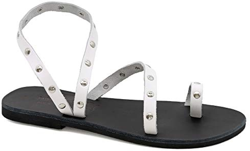 37 Weiß Emmanuela Antike griechische flache Zehenring sandalen aus Leder mit Metallnieten, hochwertige handgefertigte Sommerschuhe mit Knöchelriemen für Damen, offene Zehensandalen