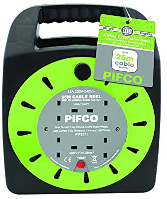 New 25 Meter 4 Way 13 AMP Electric Extension Cable Reel Mains Plug & Socket Lead Black/Green