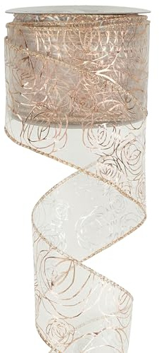 MEEDEE Floral 2.5 Inch Rose Gold Rose Wired Ribbon Wedding Bouquet Ribbons Rose Gold Organza Sheer Ribbons 25 Yards Roll Pink Wedding Ribbon for Crafts, Valentine Bow Making, Valentine Decor