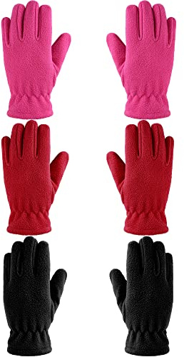 Geyoga 3 Paires Gants en Molleton à Doigts Complets Enfant Mitaines Chauds Hiver (Rose Rouge, Noir, Rouge, M (8-12 ans))