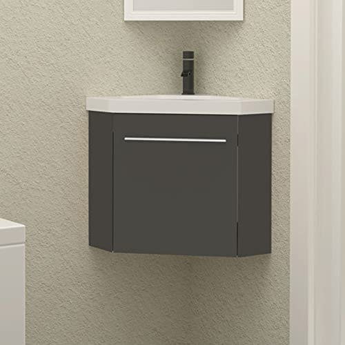 HAPAOSO Eckwaschbecken mit Unterschrank Gäste Wc Klein 40 cm Eckschrank Grau 1 Soft-Close Türen Hängend Möbel Set