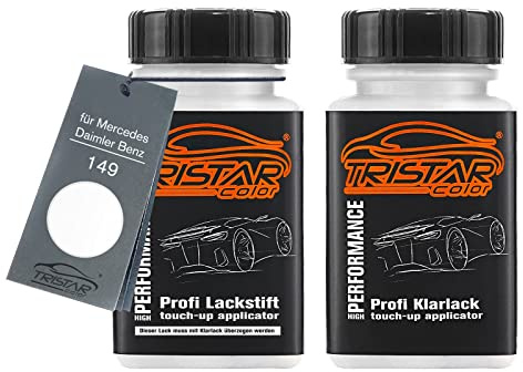 TRISTARcolor Autolack Lackstift für Mercedes 149 Polarweiss + Klarlack | für Mercedes / Daimler Benz, Polar White, Set aus Basislack + Klarlack, Lackfläschchen mit Pinsel, je 50ml