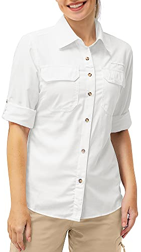33,000ft Chemise Femme UPF50+ - Protection UV - Séchage Rapide - Manches Longues - Fonctionnelle - Pour Randonnée, Pêche, Safari, Voyages, Golf - Blanc, XL