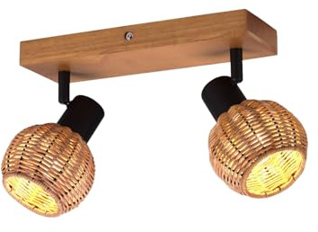 meineWunschleuchte Deckenstrahler aus Holz & Rattan Korbgeflecht Breite 30cm, 2-flammig E14, Strahler schwenkbar, skandinavische Deckenlampe Korblampe für Wohnzimmer & Schlafzimmer