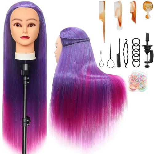 Trainingsköpfe, 28 inch Frisierkopf für Frisöre 100% Synthetikfaser-Haar Übungskopf,mit DIY Stricken Kit und kostenlose Tabelle Clips (Violett-rot)
