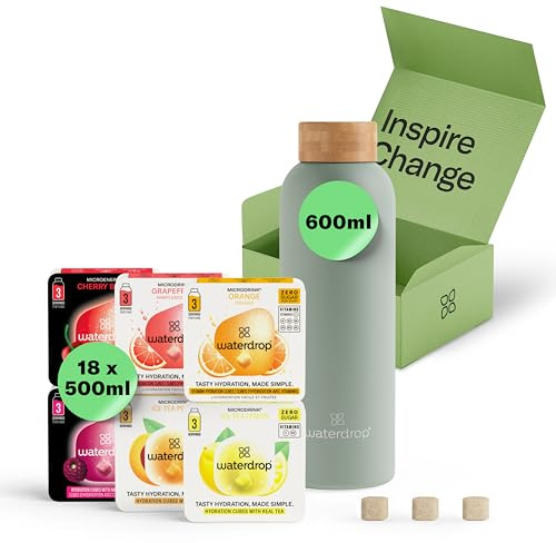 waterdrop® Starter Set - 600ml Trinkflasche mit Geschmack inkl. 18 zuckerfreie Drops - Geschenk für Frauen - Probierpaket mit Wasserflasche & Drops - Edelstahl Trinkflasche Kohlensäure geeignet