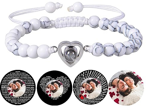 Personalisierte Herz Perlen Armband mit Bild im Inneren benutzerdefinierte Foto Projektion Armband Kristall Schwarz Achat Weiß Türkis Armbänder für Freund Freundinnen Jahrestag Paare Schmuck