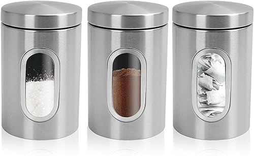 VIVAAS 3 PC Kitchen Canister Set Food Storage Container Set Stainless Steel Coffee Tea Sugar Caddy With Lids Ergonomic Food Containers Storage Jars With Window For Tea, Coffee Sugar, Nuts, Cereal