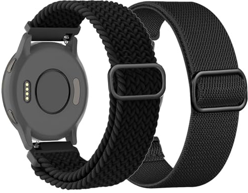 TUCOMO 2-pack flätade stretchiga klockarmband i nylon, kompatibla med Garmin Vivoactive 4S/Venu 2S/Venu 3S/Vivomove 3S, elastiska tygarmband med 18 mm ögla för Garmin Forerunner 255S/Forerunner 265S,