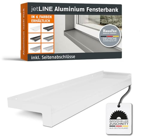 HausFux jetLINE Aluminium Fensterbank außen - nach Maß inkl. Putzabschluss, Klinkerabschluss oder Alu-Gleitabschluss - individueller Zuschnitt - bis 3 m (Weiß, T x L | 24 x 80 cm)