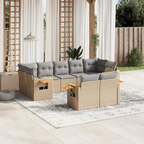 Rantry 9-TLG. Gartensofa Set mit Kissen Gartenmöbel Gartenlounge Outdoor Sofa Loungesofa Loungemöbel Balkon Lounge Ecklounge Sitzgruppe für Garten, Terrasse und Balkon Beige Poly Rattan