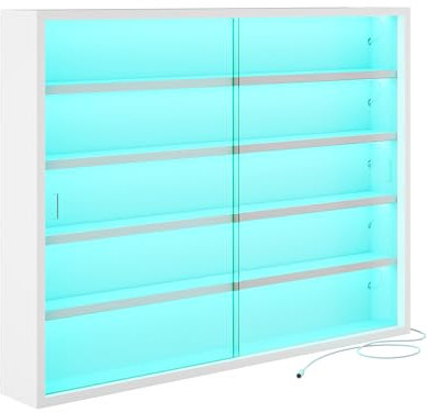 KIMENICH Sammlervitrine, 5-stöckige Glasvitrine mit LED-Beleuchtung, hängende Wandvitrine, Wandregal mit Glastüren, Hängevitrine für Figuren, Vitrinenschränke, Weiß