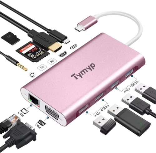 Tymyp Concentrador USB C, Divisor USB C con HDMI 4K, VGA, 100 W PD, Ethernet, SD/TF, Audio de 3,5 mm, 4 USB A, Adaptador USB C 11 en 1 para MacBook Pro/Air, Surface Pro y Dispositivos más Tipo C