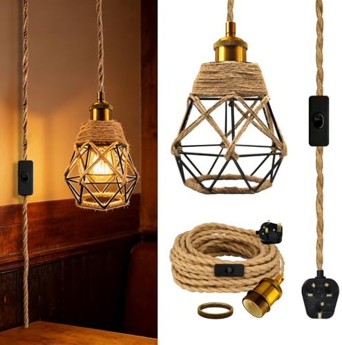 Industrial Plug in Hanging Light Fixtures, 510cm Hemp Rope Pendant Lights with Metal Woven Lampshade,Rustic Plug in Ceiling Light Brass E27 Lamp Holder Vintage DIY Hanging Lamp Kit for Farmhouse