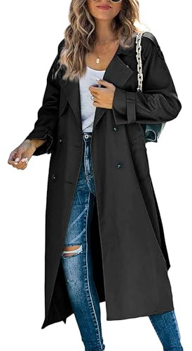 Women's Classic Long Trench Coat Double-Breasted Lapel Long Sleeve Windproof Overcoat with Belt