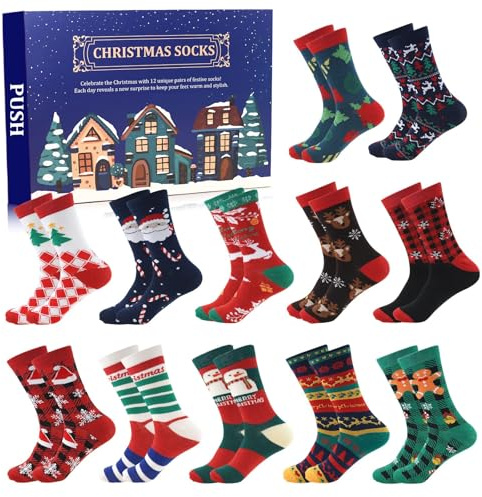 ANOTION 2025 Calcetines de Navidad - Calendario de Adviento de 12 días, calcetín cálido para hombres, Calendario de cuenta regresiva, regalos para fiesta navideña, 12 pares, calcetines de árbol de