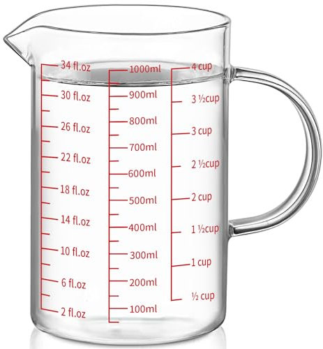Luvan 1000 ml/4 Tazas/34 oz Taza Medidora de Vidrio, Taza Medidora de Líquidos con Mango y Pico en Forma de V, Perfecta para Mezclar y Cocinar, Apta para Lavavajillas/Congelador/Microondas