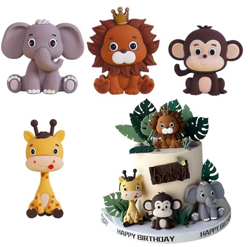 4 Pcs Animal Cake Toppers, Safari Jungle Animals Cake Decoration for Kids Boy Girl Baby Shower Birthday Party Supplies