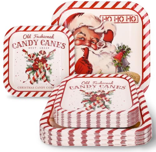Whaline 40Pcs Christmas Vintage Tableware Set Santa Candy Cane Stripe Paper Plates 7 & 9 Inch Retro Xmas Square Disposable Plates for Holiday Party Table Supplies