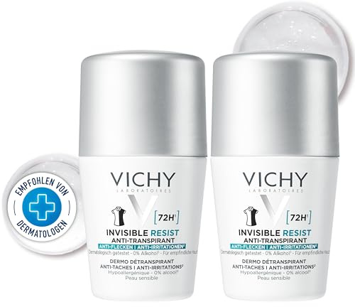Vichy Deo Roll-on 72h AT Invisible, Deo-Roll-on für Frauen, Schweißhemmend, Besonders hautfreundlich, Keine Spuren auf der Kleidung, Ohne Alkohol, Für empfindliche Haut, 2x50 ml