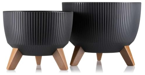 HowHomely 2X Schwarz Blumenkübel | Deko Blumentopf mit 3 Beinen | Langlebige Übertopf für Wohnzimmer oder Garten | Set aus 2 Blumenübertopf (18x29cm & 15x24cm)
