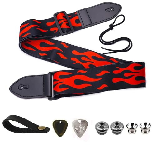BetterJonny Gitarrengurt, Basicon Verstellbarer Gitarren-Gurt Gitarrenband Guitar Strap mit Lederenden Plektrum Knöpfe Gitarrenhals Gurt für E-Gitarre Akustikgitarre Bass