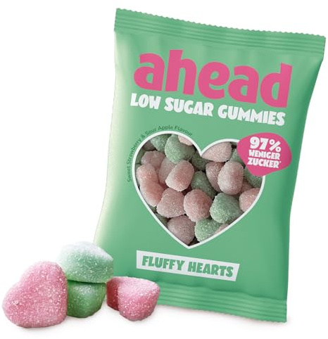 ahead Fluffy Hearts Gummibärchen | Fruchtgummi Herzen 18 × 50g | Gummibärchen ohne Zuckerzusatz | Nur 1g Zucker & 73 kcal pro 50g | Kalorienarme Süßigkeiten & ballaststoffreich