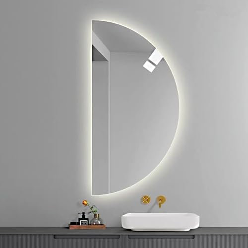 Mirocrafta Specchio da Bagno 3 Colori Dimmerabile a Mezzaluna, Specchio per Trucco Anti-nebbia, Specchio da Parete Irregolare, Antideflagrante, per la Decorazione Domestica(Left Cut,110x55cm)