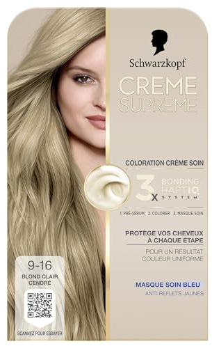 Schwarzkopf - Coloration Permanente - Creme Supreme- Resultat Couleur Uniforme - Coloration Creme Soin - Bonding - Pre-serum et Masque Soin - Couverture 100% Cheveux Blancs -9-16 -Blond Clair Cendré