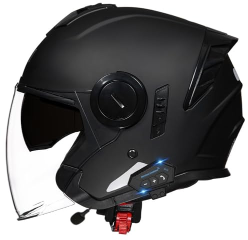 VVPEC Casco Moto Jet Bluetooth Integrato Mezzo Casco,Vintage Scooter Jet Cascos,ECE Omologato con Doppia Visiera Caschi da Moto con Microfono Speaker per Donna e Uomo Adulto(2,2XL=63~64cm)