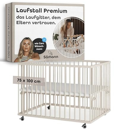 Sämann Laufstall Baby 75x100 cm | TÜV geprüft | stufenlos höhenverstellbar | Laufgitter Premium | Babybett aus Holz | Krabbelgitter sahara dust