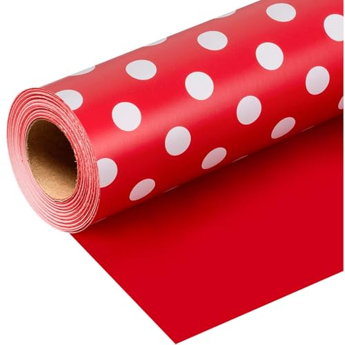 Wikadlik Geschenkpapierrolle mit weißen Punkten, 43 cm x 10 m, rotes Geschenkpapier für Geburtstag, Valentinstag, Muttertag, Vatertag, Hochzeit, Abschlussfeier, Weihnachten