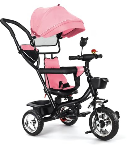 Baby-Dreirad, mitwachsend, Dreirad für Kinder von 18 Monaten bis 5 Jahren, 4-in-1-Kinderwagen-Fahrrad mit wendbarem Sitz, Sonnenschutz und Pedal, kompakter Kinderwagen (Rosa, 4-in-1)