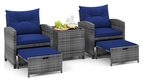 COSTWAY 5-Piece Rattan Garden Furniture Set, Patio Conversation Set with 2 Chairs, 2 Stools, Glass Top Coffee Table and Thick Cushions, Balcony Wicker Weave Outdoor Sofa Seating (Navy+Mix Grey)