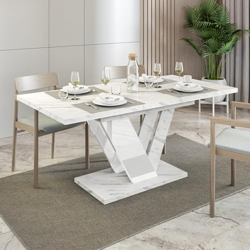 Extendable Dining Table with White Marble Effect | 120-160 cm, White Marble White | Sturdy & Easy-to-Clean | Elegant Design for Modern & Traditional Homes | Accommodates Up to 6 Diners Comfortably