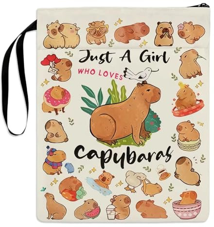 Capybara Design Büchertasche, Buchumschlag Stoff mit Reißverschlussfach aus Polyester, Praktische Buchhülle mit Reißverschluss für Schule Büro und Reise