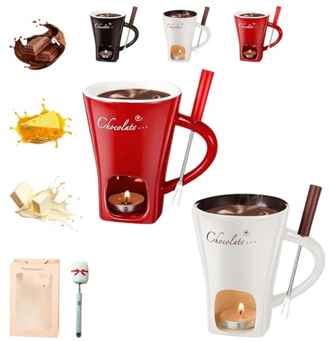 Fondue Cup, Portable Handmade Chocolates Melting Mug Set, Mini Chocolate Fondue Mug with Fork, Ceramic Melting Cups Heated with A Tealight, for Birthday, Date Night, Wedding, Party (1PCS-White)