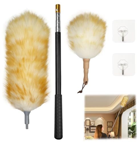 Molirex lammull dammvippa set med teleskopstång upp till 185 cm, tvättbar – 2 kilar (stor och liten) + krokar för repfri rengöring på tak och känsliga ytor