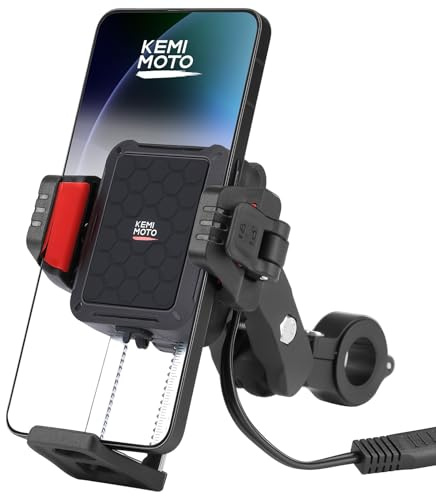 KEMIMOTO Anti-Theft Motorcycle Phone Mount with Qi 15W Wireless Charger & 33W PD/USB-C Fast Charging Port, Anti-Vibration Dampener, One-Hand Operation, 360° Adjustable for 5.4''-7.2'' Cellphone