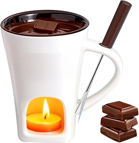 Weciau Chocolate Fondue Mug, 130ml Melting Chocolate Pot with Fork and Candle, Ceramic Chocolate Fondue Set, Butter Warmer Set for Cheese Butter Caramel (White)