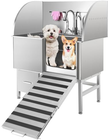 Dog Washing Station, 3” Stainless Steel Grooming Tub with Foldable Anti-Slip Ramp, Adjustable Height Grate, Pull-Out Shower & Large Storage Drawer for Large, Medium and Small Pets, Right Door