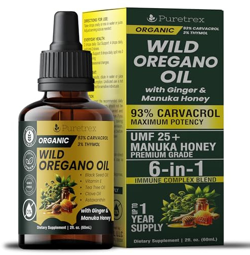 PURETREX Organic Wild Oregano Oil Drops with Ginger & Manuka Honey UMF 25+, 93% Carvacrol, 6-in-1 Blend with Black Seed Oil, Tea Tree Oil, Clove Oil, Vitamin E and Astaxanthin, 60mL (2 fl oz)