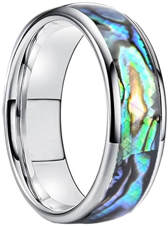 Grewod Verlobungsring Schlicht, Herren und Damen Wolfram 8mm Silber Bunt Muschel Einlage Ringe Jahrestag Größe 57 (18.1)