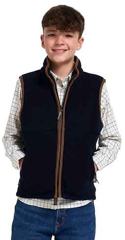 JACK PYKE Junior Kids Countryman Thermal Fleece Gilet – Warm 300g Sleeveless Outdoor Bodywarmer with Zipped Pockets and Faux Leather – Country Style Vest for Boys & Girls - Navy Blue, Size 7-8 Years