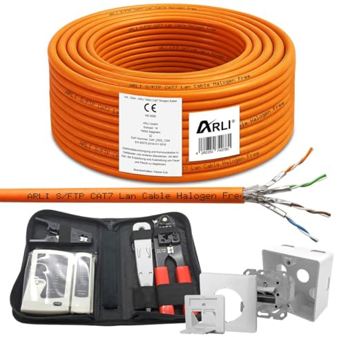 ARLI CAT 7 100m Verlegekabel Netzwerkkabel CAT.7 + 1x Netzwerkdose Cat6a + 1x Werkzeugset Crimpzange Abisoliermesser Tester Netzwerk Werkzeug Set 4 in 1 S/FTP CAT7 PIMF Kabel AWG23/1 Ethernet 100 m